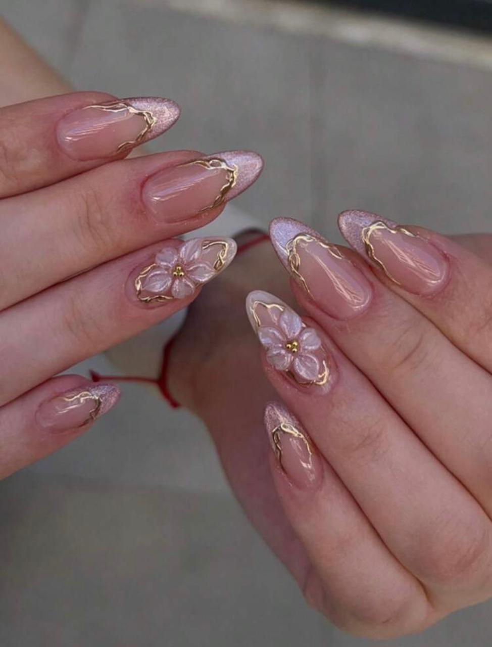 24 Pcs Press-on Fake Nails - Reusable-Pink Gold 3D Pearl Design
