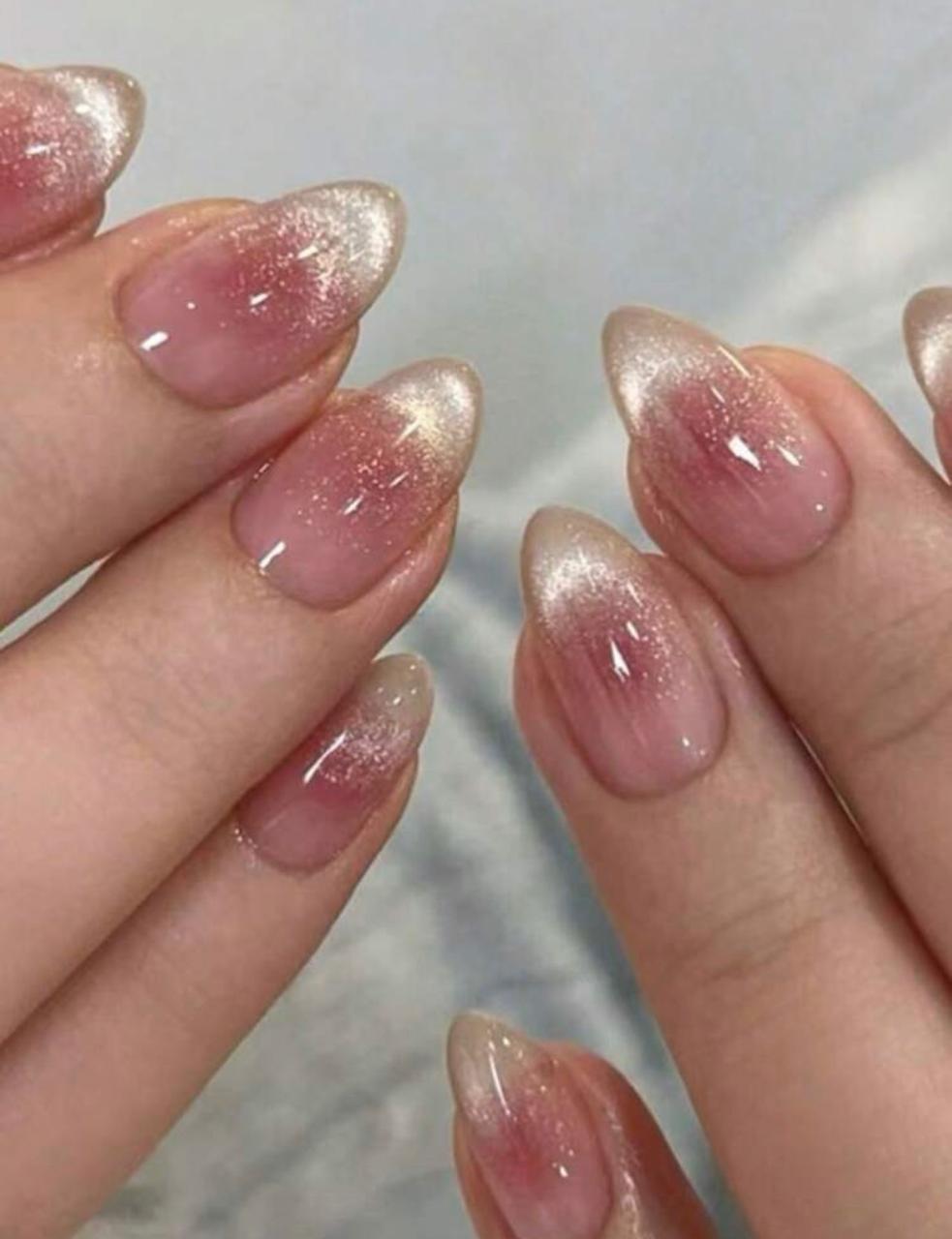 30 Pcs Press-On Nails β Pink Silver Chrome Glazed Ombre