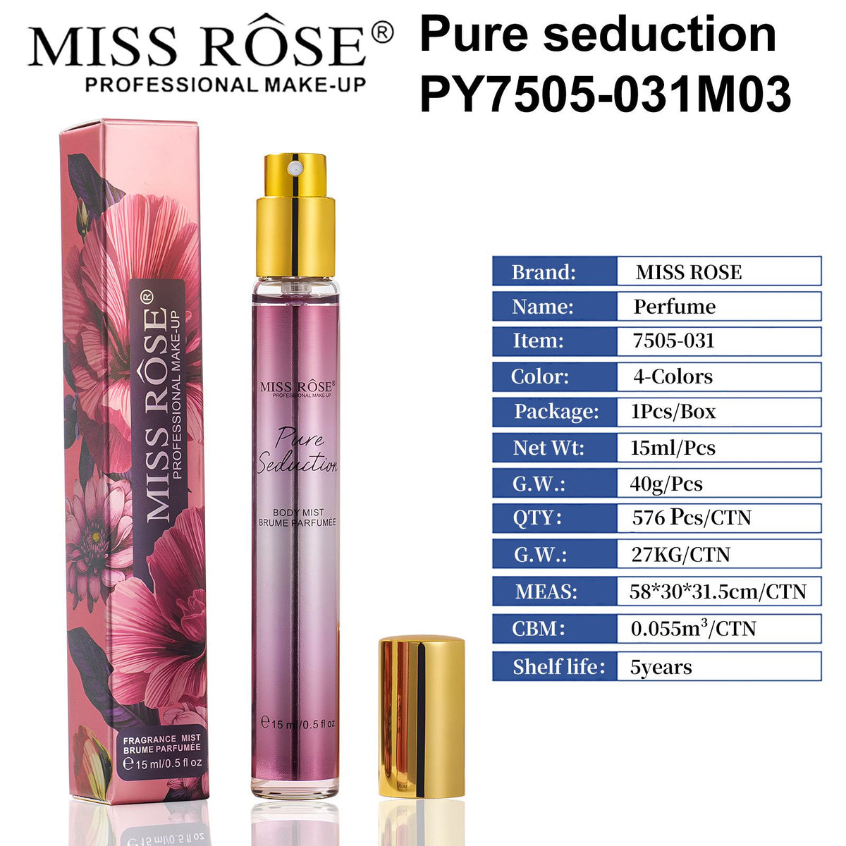 MISS ROSE Mini Pocket Body Mist Women's Perfume Spray Long Lasting Original 15ml