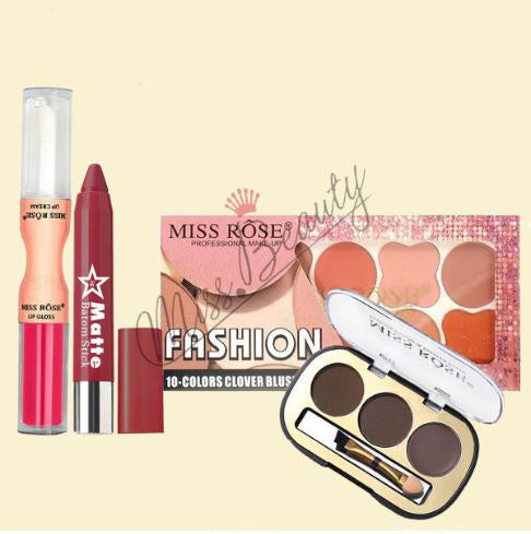 Miss Rose Pack of 4 makeup Deal in random ( 10-Colors Clover Blusher Palette , Missrose matte lip crayon , MissRose pout shape 2 in 1 lip oil + lip gloss , 3 color eyebrow powder )