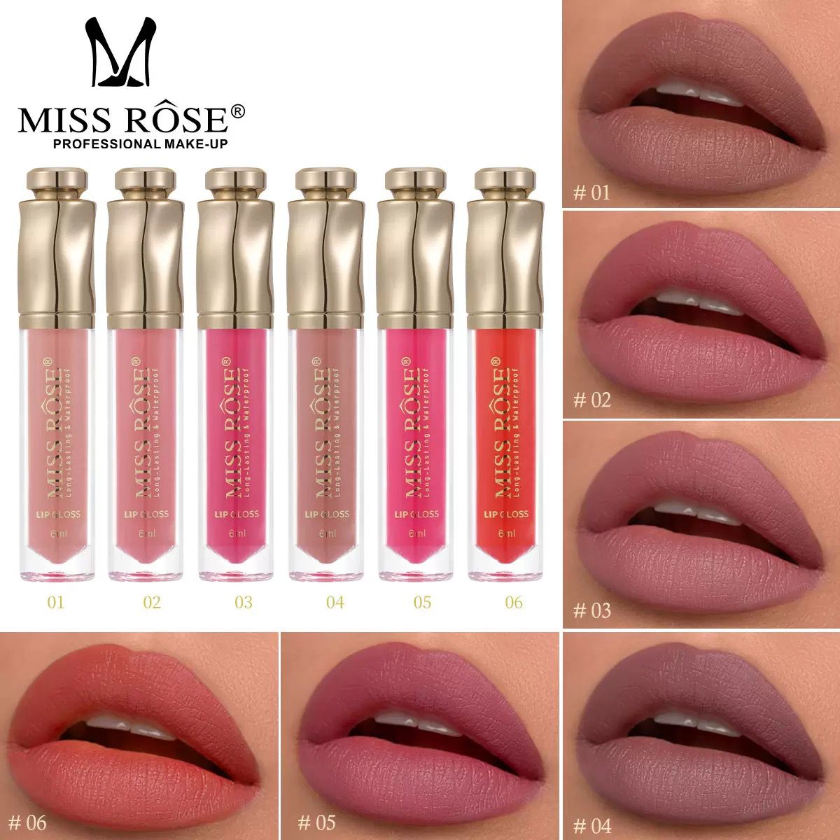 Miss Rose Professional Diamond Capped Long-Lasting Lip Gloss Set
