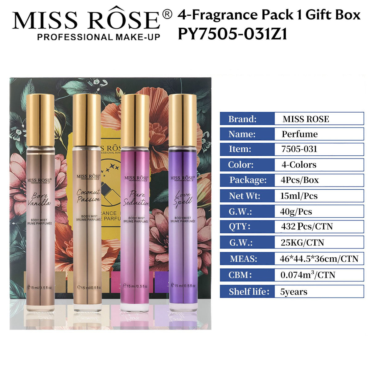 MISS ROSE Mini Pocket Body Mist Women's Perfume Spray Long Lasting Original 15ml