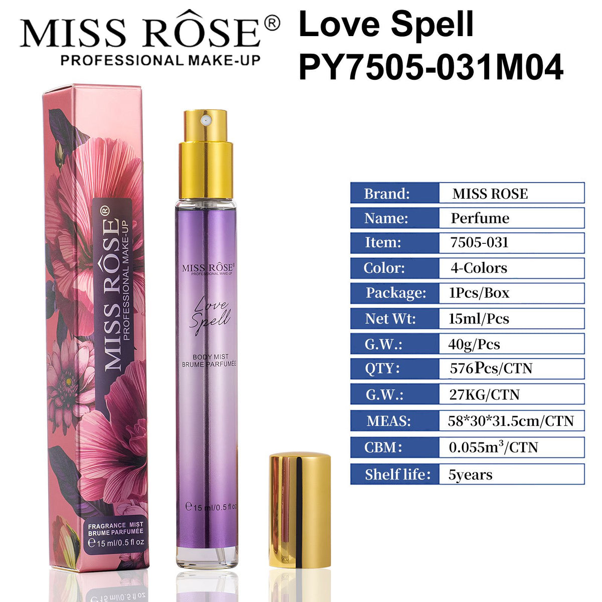 MISS ROSE Mini Pocket Body Mist Women's Perfume Spray Long Lasting Original 15ml