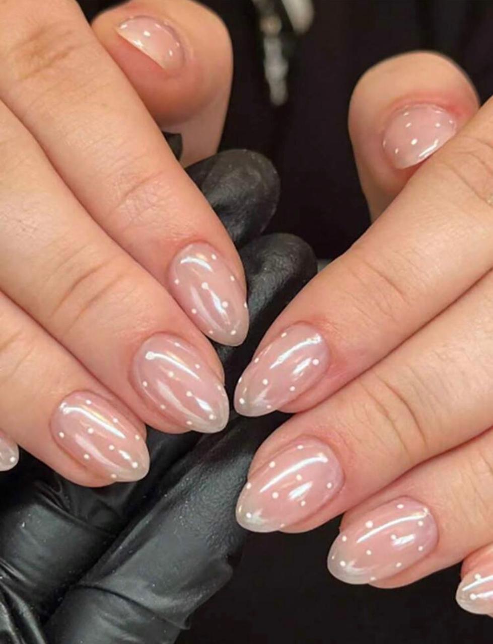 24 Pcs Press-on Fake Nails - Reusable-Nude Pink Pearl Gloss White 3D Dot Art